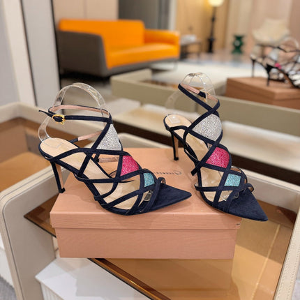 GIANVITO ROSSI 26S CROSS STRAP HEELS 85 MM IN NAVY BLUE SUEDE