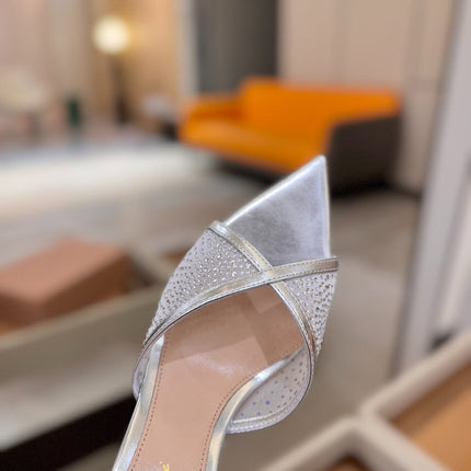 GIANVITO ROSSI 26S POINTED TOE HIGH HEELS 85 MM IN SILVER LAMBSKIN WITH RHINESTONE STRAP