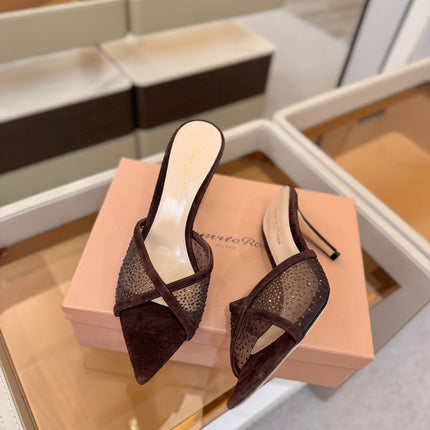 GIANVITO ROSSI 26S POINTED TOE HIGH HEELS 85 MM IN DARK BROWN SUEDE WITH RHINESTONE STRAP