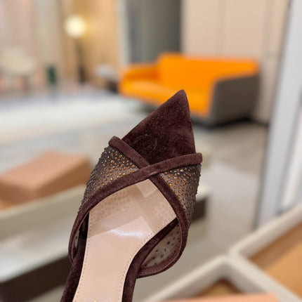 GIANVITO ROSSI 26S POINTED TOE HIGH HEELS 85 MM IN DARK BROWN SUEDE WITH RHINESTONE STRAP
