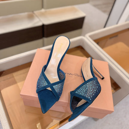 GIANVITO ROSSI 26S POINTED TOE HIGH HEELS 85 MM IN DEEP OCEAN BLUE SUEDE WITH RHINESTONE STRAP