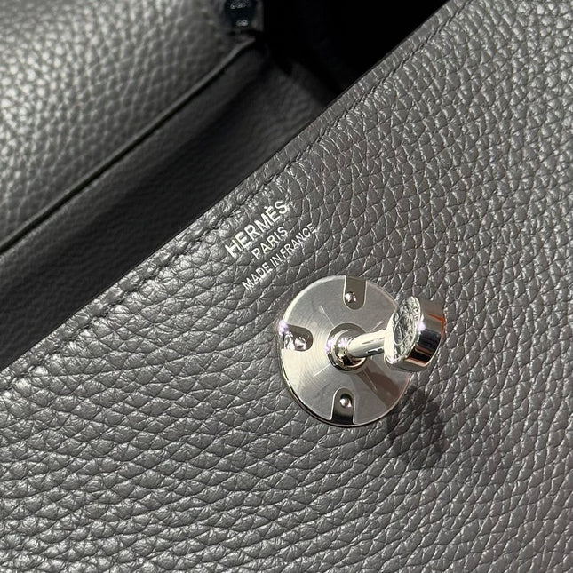 HERMES 25S MEDIUM LINDY 26 IN CHARCOAL GRAY CALFSKIN SILVER HARDWARE