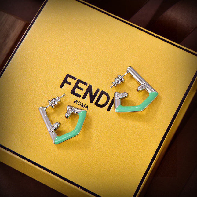 FENDI 26S FF GEOMETRIC ENAMEL EARRINGS IN SILVER TONE METAL 629855