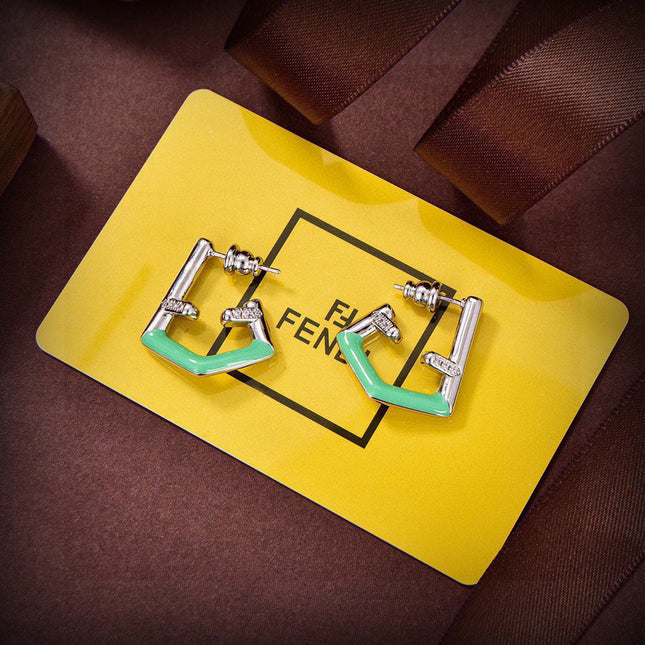 FENDI 26S FF GEOMETRIC ENAMEL EARRINGS IN SILVER TONE METAL 629855