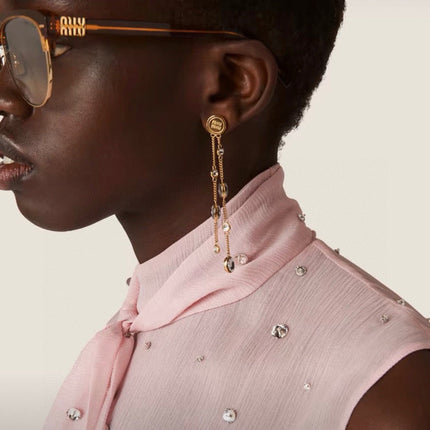 MIUMIU 26S CRYSTAL CHAIN DROP EARRINGS IN GOLD TONE METAL 633263