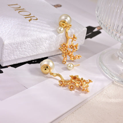 CD 26S DIOR PEARL BLOSSOM BRANCH DROP EARRINGS IN GOLD METAL