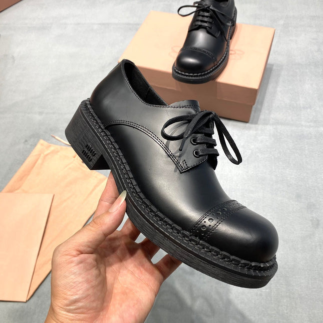 MIUMIU 26S LACE-UP LOAFERS IN BLACK SHINY CALFSKIN
