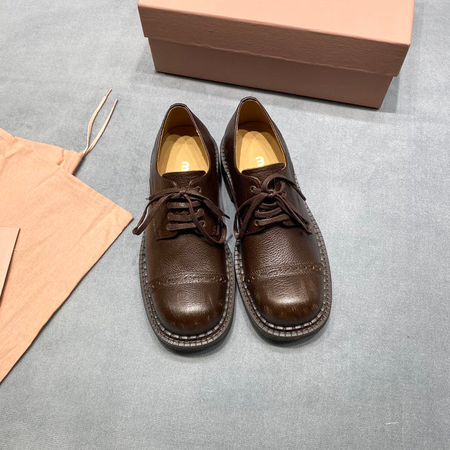 MIUMIU 26S LACE-UP LOAFERS IN CHOCOLATE BROWN GRAINED CALFSKIN