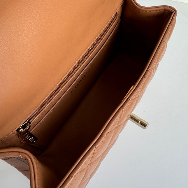 FLAP BAG 20 IN BRONZE BROWN LAMBSKIN WITH HANDLE
