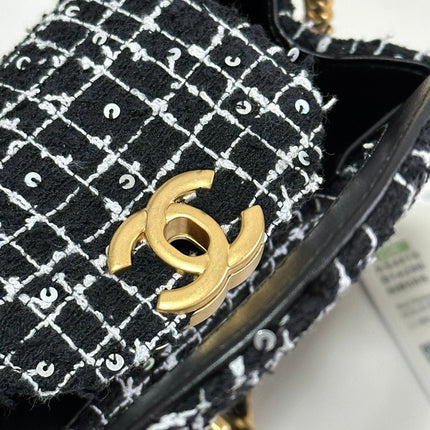 KELLY SHOPPING BAG 19 IN BLACK MIX WHITE TWEED GOLD HARDWARE