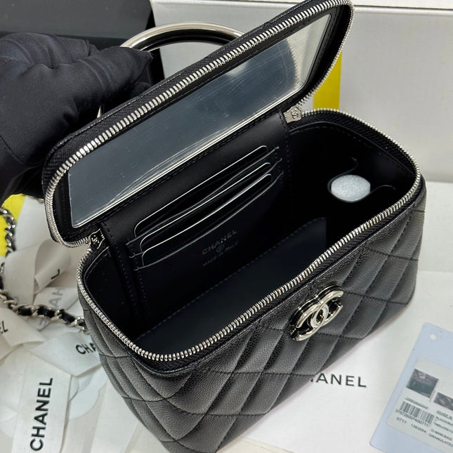 MINI VANITY TOP HANDLE CASE 17 IN BLACK CAVIAR SKIN SILVER-TONE PLATED METAL
