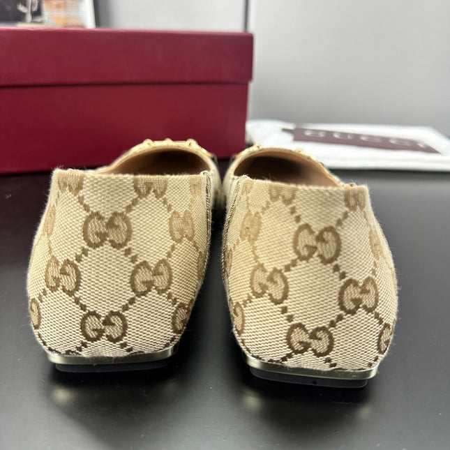 GUCCI 26S VITTORIA BALLERINA SHOES IN DARK BEIGE CANVAS