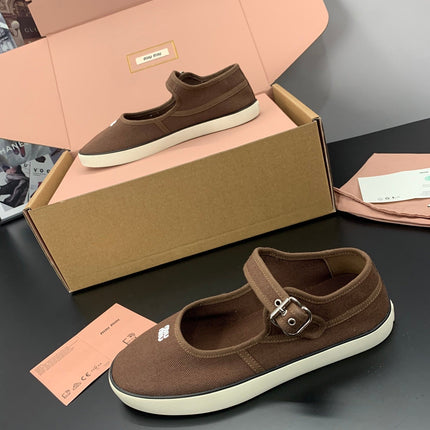 MIUMIU 26S MARY JANE FLATS IN DARK BROWN CANVAS LOGO