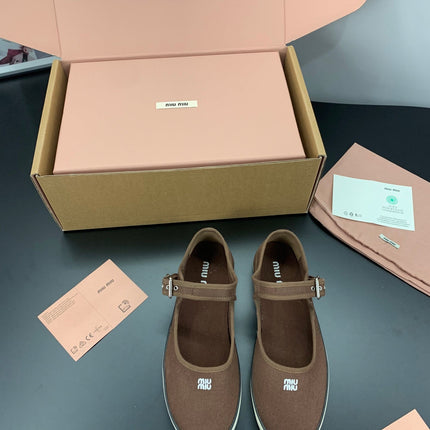 MIUMIU 26S MARY JANE FLATS IN DARK BROWN CANVAS LOGO