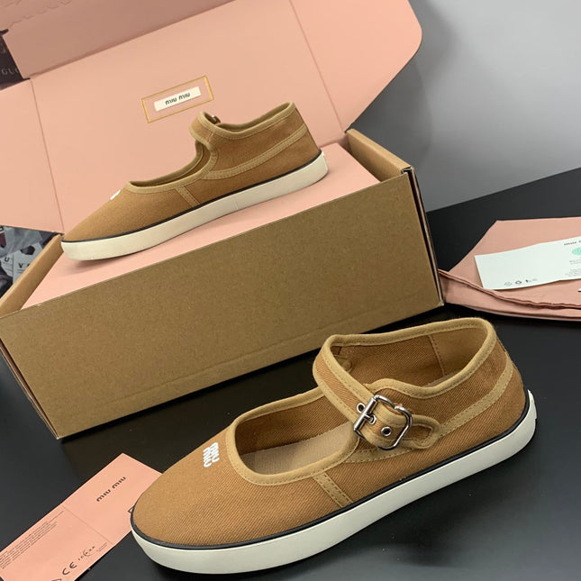 MIUMIU 26S MARY JANE FLATS IN CARAMEL BROWN CANVAS LOGO