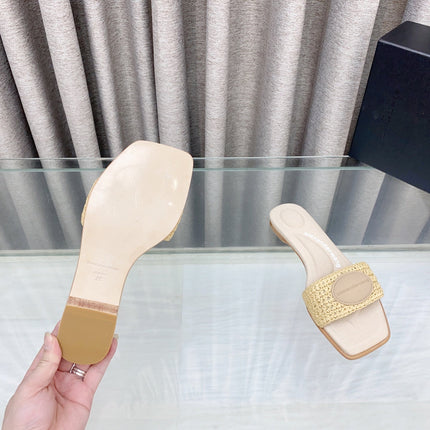 VY SLIDE SANDAL IN BEIGE WOVEN RAFFIA STRAP AND CALFSKIN