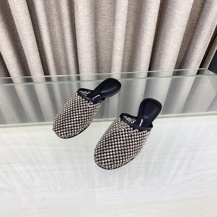 LIGHT BROWN CRYSTAL STUDDED FLAT MULE IN BLACK MESH UPPER