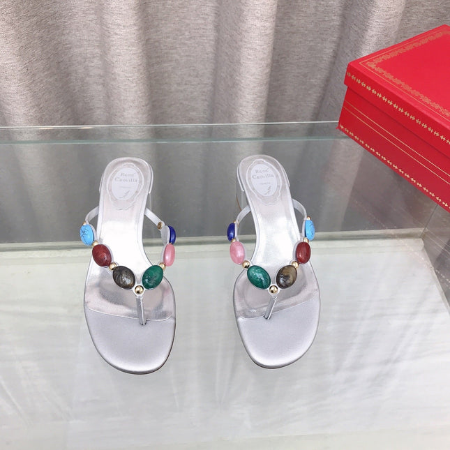 RENE CAOVILLA 26S THONG SANDALS 45 MM IN SILVER LAMBSKIN