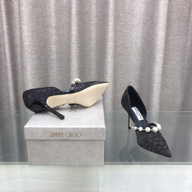 JIMMY CHOO 26S HIGH HEELS 85 MM IN BLACK LACE PEARL-EMBELLISHED