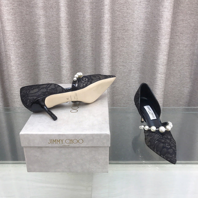 JIMMY CHOO 26S HIGH HEELS 65 MM IN BLACK LACE PEARL-EMBELLISHED