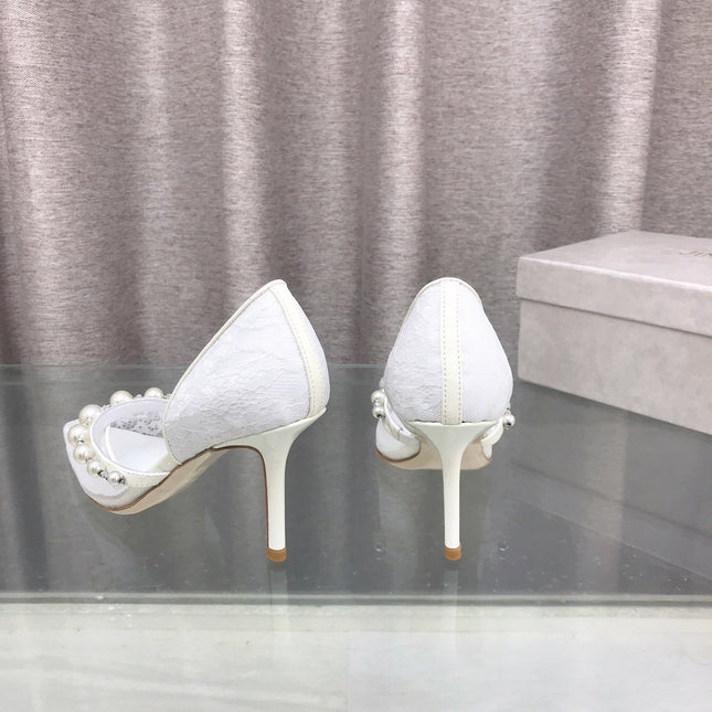 JIMMY CHOO 26S HIGH HEELS 85 MM IN WHITE LACE PEARL-EMBELLISHED