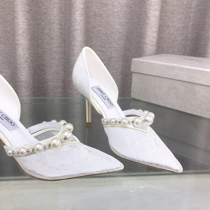 JIMMY CHOO 26S HIGH HEELS 85 MM IN WHITE LACE PEARL-EMBELLISHED