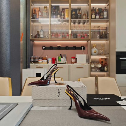 YSL SLINGBACK HIGH HEELS 100 MM IN BURGUNDY RED CALFSKIN
