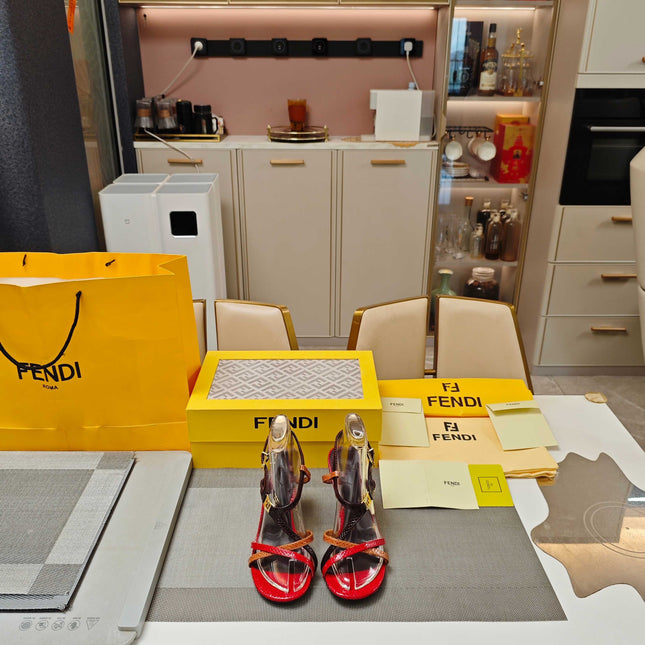 FENDI 26S HIGH-HEELED SANDALS 85 MM IN RED AND BLACK CALFSKIN