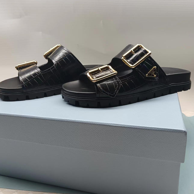 PRADA 26S STRAP SLIDES IN BLACK CROC EMBOSSED CALFSKIN GOLD HARDWARE