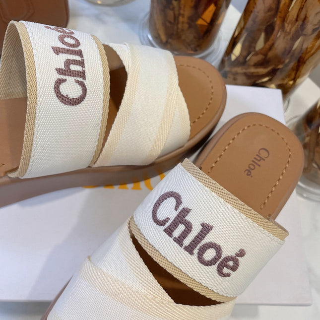 WOODY WEDGE SANDALS IN WHITE CANVAS WITH CIDER BROWN RUBBER SOLE