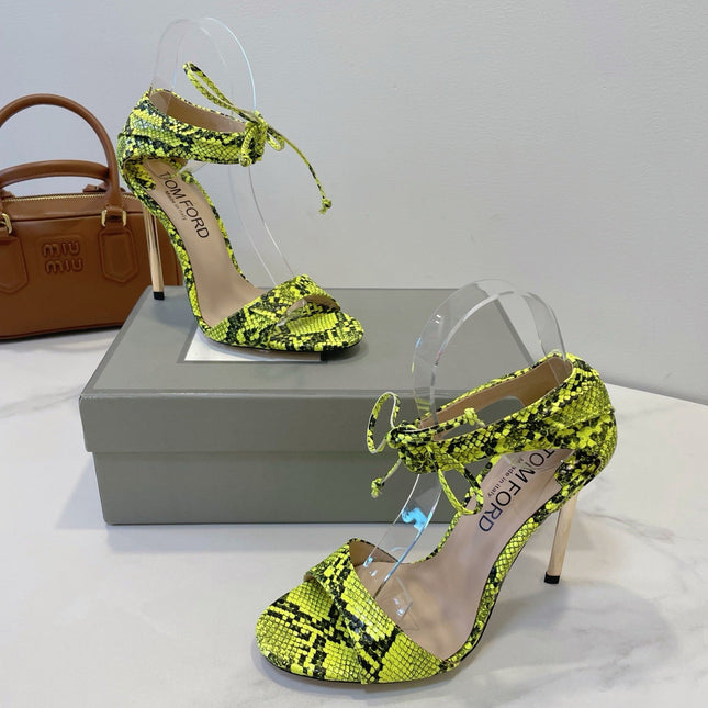 TOM FORD 26S HIGH HEEL SANDALS IN NEON YELLOW AND BLACK SNAKESKIN CALFSKIN