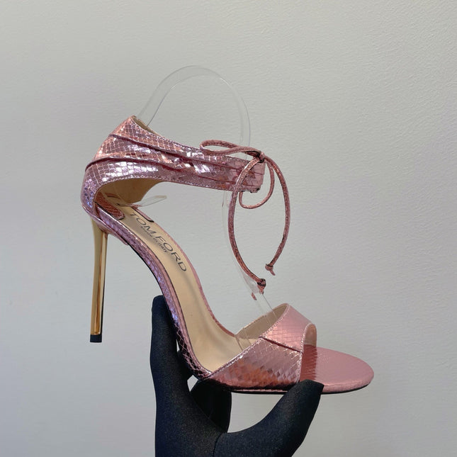 TOM FORD 26S HIGH HEEL SANDALS IN LIGHT METALLIC PINK SNAKESKIN CALFSKIN