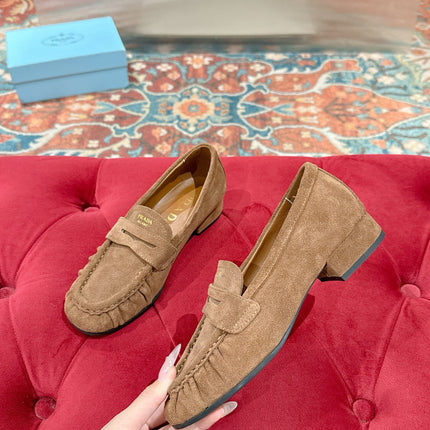 PRADA 26S LOAFERS 25MM IN CARAMEL BROWN SUEDE