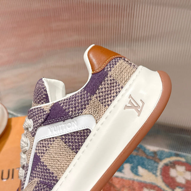 LV 26S PLAID SNEAKERS IN BEIGE MIX PURPLE FABRIC