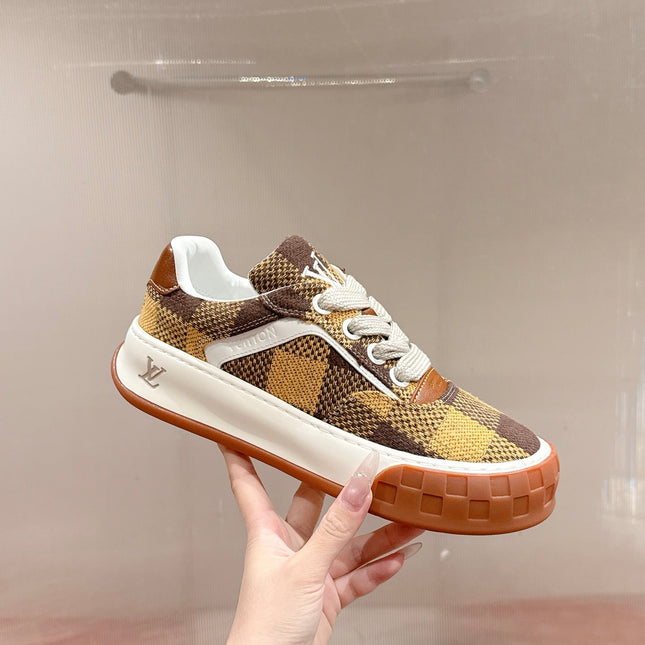 LV 26S PLAID SNEAKERS IN BROWN MIX YELLOW FABRIC