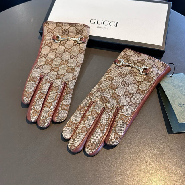 HORSEBIT GLOVES IN BEIGE MONOGRAM JACQUARD FABRIC MIX RED BROWN SHEEPSKIN 456332