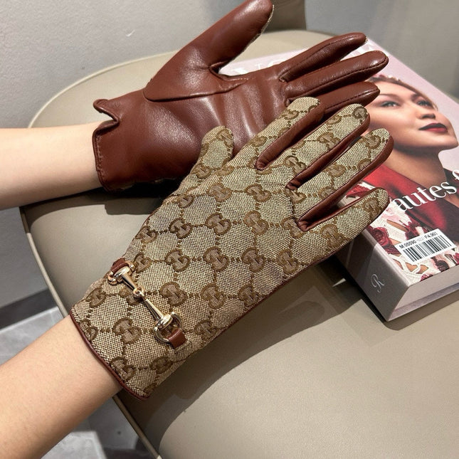 HORSEBIT GLOVES IN BEIGE MONOGRAM JACQUARD FABRIC MIX RED BROWN SHEEPSKIN 456332