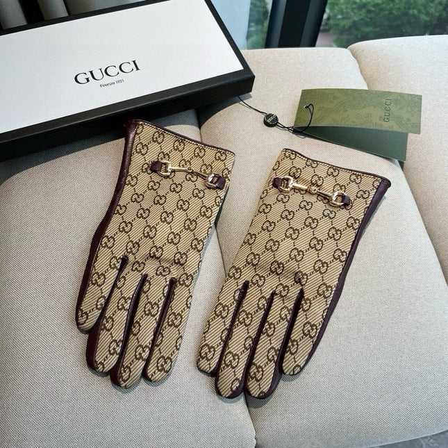 HORSEBIT GLOVES IN BEIGE MONOGRAM JACQUARD FABRIC MIX MERLOT RED SHEEPSKIN 456334
