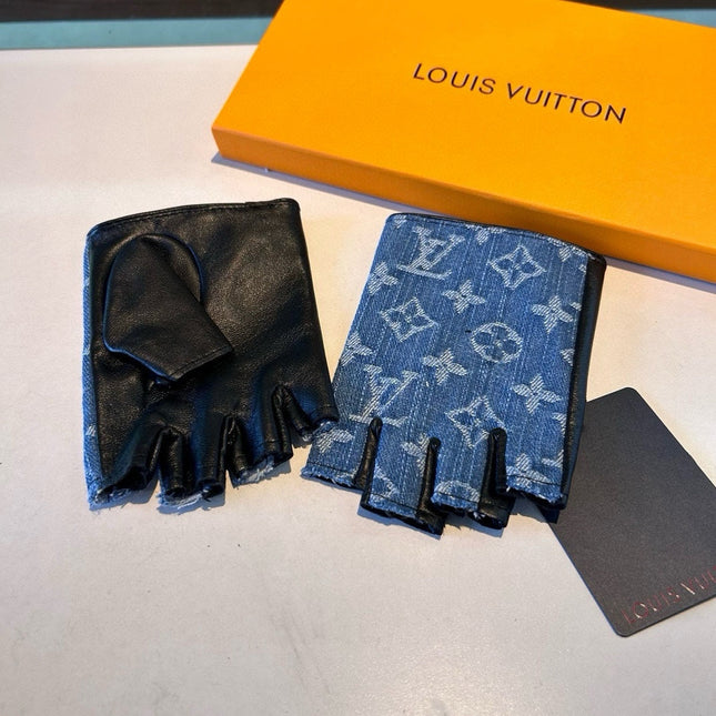 FINGERLESS GLOVES IN ELECTRIC BLUE MONOGRAM DENIM AND BLACK LAMBSKIN 460107