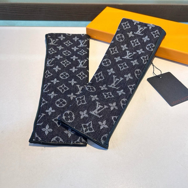 FINGERLESS LONG GLOVES IN BLACK MONOGRAM DENIM AND LAMBSKIN