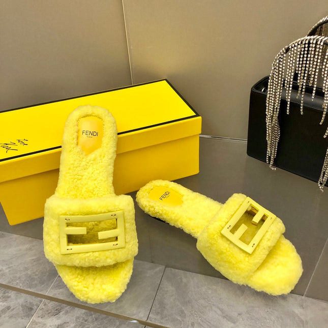 FENDI BAGUETTE SLIDE SLIPPERS IN BRIGHT YELLOW WOOL
