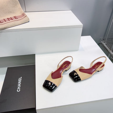 CHANEL 26S FLAT SLINGBACK IN BEIGE LAMBSKIN WITH BLACK CAP TOE