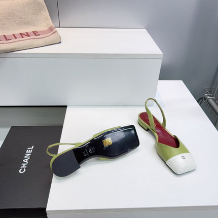 CHANEL 26S FLAT SLINGBACK IN GREEN LAMBSKIN WITH WHITE CAP TOE