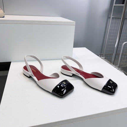 CHANEL 26S FLAT SLINGBACK IN WHITE LAMBSKIN WITH BLACK CAP TOE