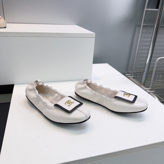 CHANEL 26S BALLERINA FLATS IN WHITE WITH BLACK TRIM LAMBSKIN
