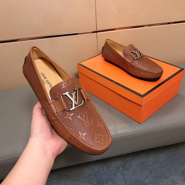 LV LOAFERS IN RUSSET BROWN CALFSKIN WITH BRANDED EMBOSSING