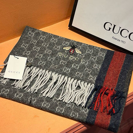 SCARF 180 CM IN BLACK CASHMERE WITH BEE PATTERN 396473