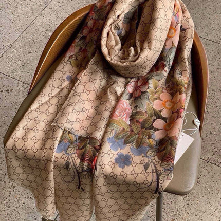 SCARF 200 CM IN MEDIUM BROWN CASHMERE WITH COLORFUL FLOWER 405254