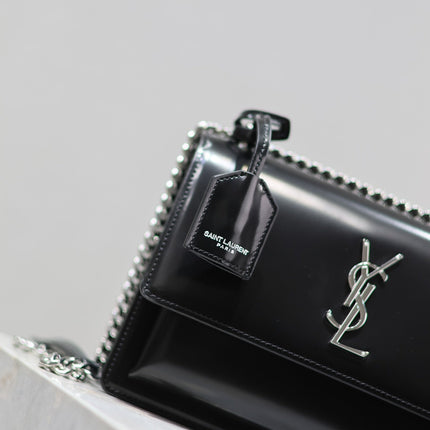 YSL 25S SUNSET MEDIUM 22 IN BLACK SHINY CALFSKIN SILVER HARDWARE