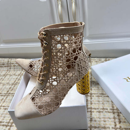 DIOR 26S LACE UP ANKLE BOOTS 80MM IN BEIGE OPENWORK LACE SUEDE GOLD HEEL